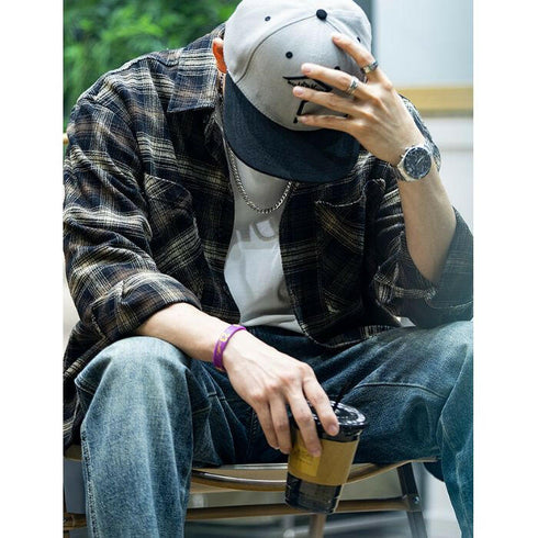 American Retro Long-sleeved Plaid Shirt P0449