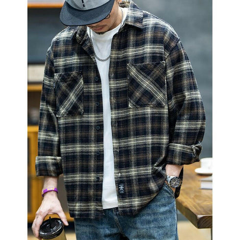 American Retro Long-sleeved Plaid Shirt P0449