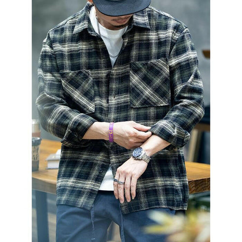 American Retro Long-sleeved Plaid Shirt P0449