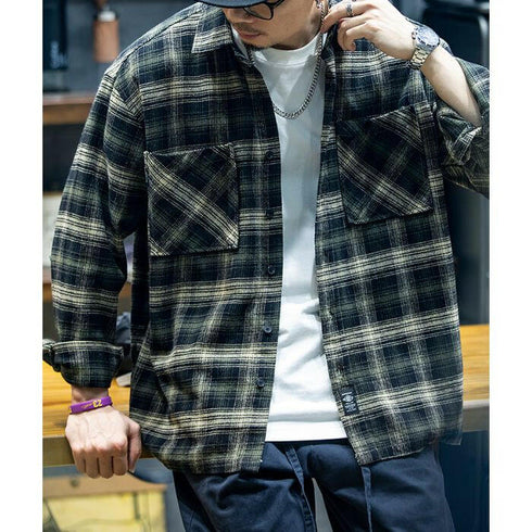 American Retro Long-sleeved Plaid Shirt P0449