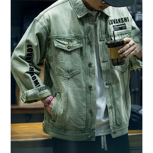 Yellow Mud Dyed Denim Loose Embroidery Jacket P0484