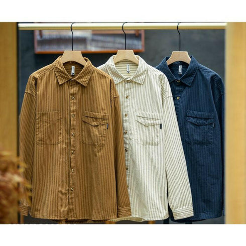 Cotton Long-sleeved Loose Striped Shirt P0498