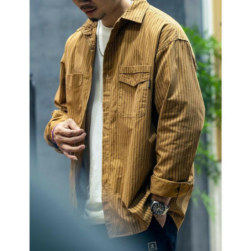 Cotton Long-sleeved Loose Striped Shirt P0498