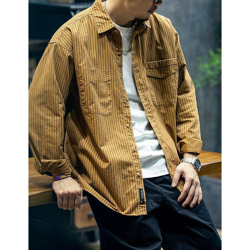 Cotton Long-sleeved Loose Striped Shirt P0498