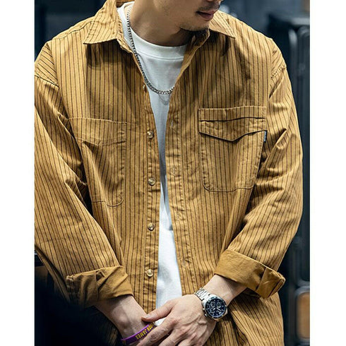 Cotton Long-sleeved Loose Striped Shirt P0498