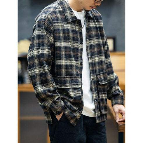Cotton Long-sleeved Loose Plaid Shirt P0525