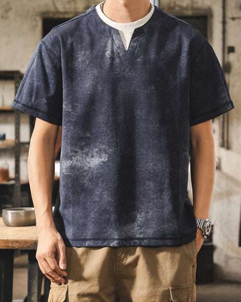 Washed Color Split Neck Short Sleeve T-Shirt P1421