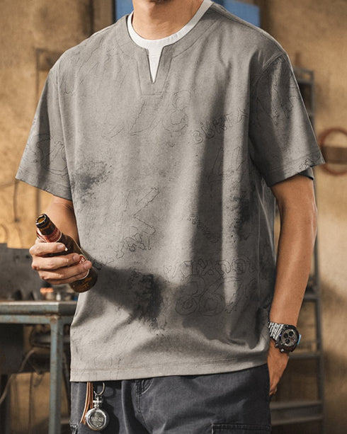 Washed Color Split Neck Short Sleeve T-Shirt P1421