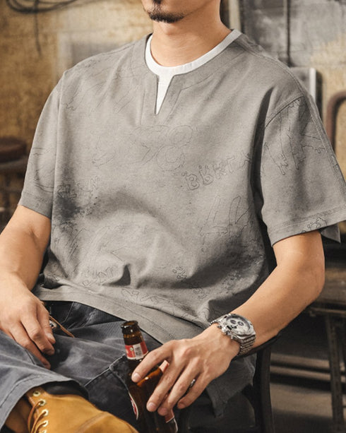 Washed Color Split Neck Short Sleeve T-Shirt P1421