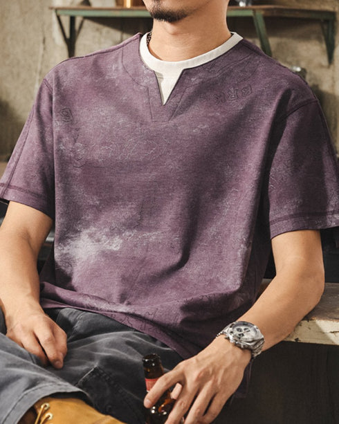 Washed Color Split Neck Short Sleeve T-Shirt P1421