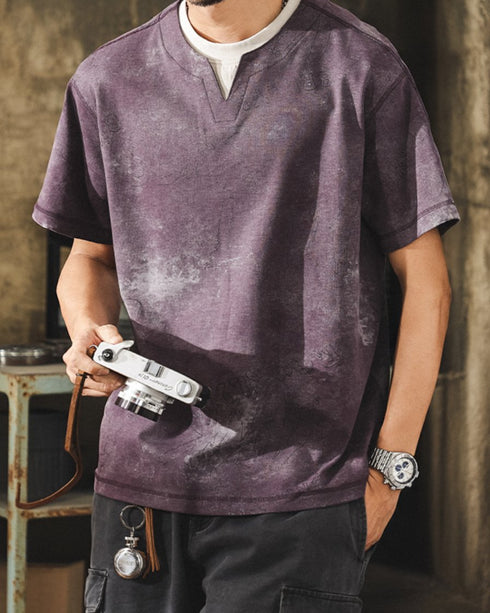 Washed Color Split Neck Short Sleeve T-Shirt P1421