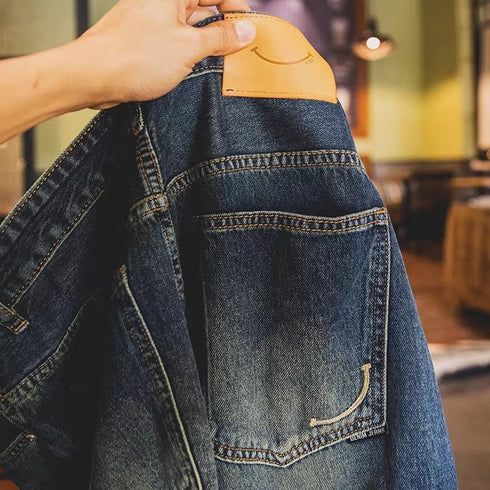 Vintage Wash Smile Embroidery Wide Denim Pants P1973