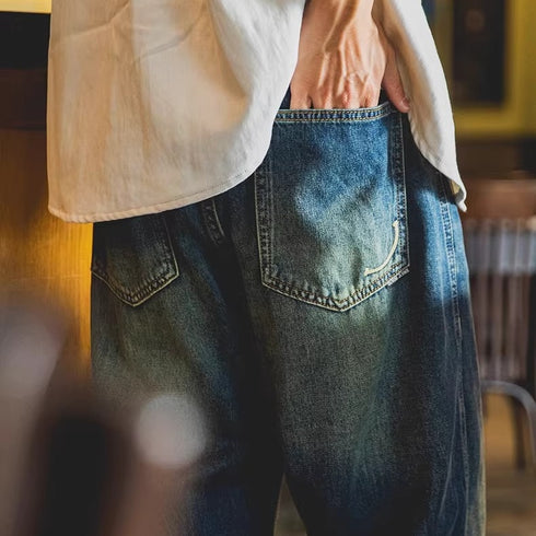 Vintage Wash Smile Embroidery Wide Denim Pants P1973