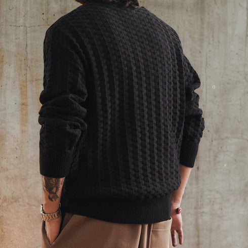 Checker Texture Crew Neck Long Knit P1914