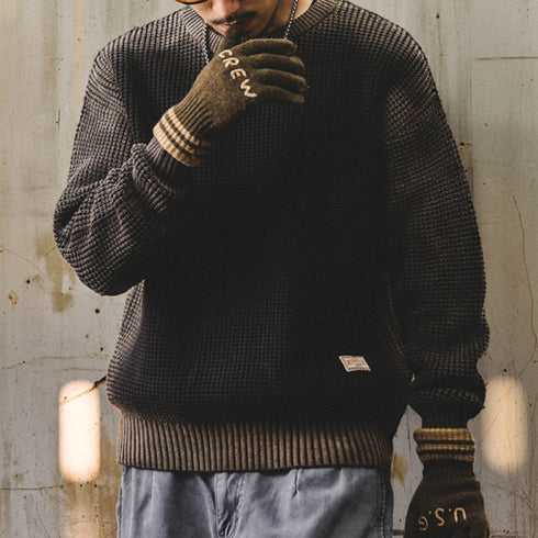 Waffle Texture Crew Neck Knit Sweater P1648