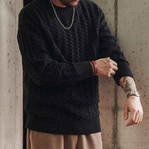 Checker Texture Crew Neck Long Knit P1914