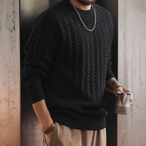 Checker Texture Crew Neck Long Knit P1914