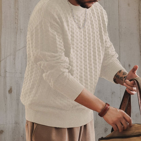 Checker Texture Crew Neck Long Knit P1914