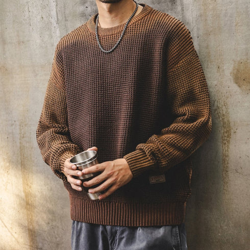 Waffle Texture Crew Neck Knit Sweater P1648