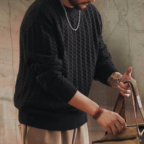 Checker Texture Crew Neck Long Knit P1914