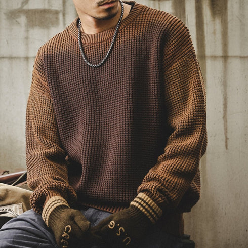 Waffle Texture Crew Neck Knit Sweater P1648