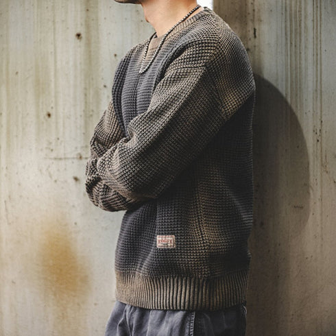 Waffle Texture Crew Neck Knit Sweater P1648