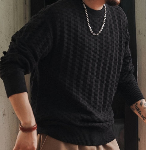 Checker Texture Crew Neck Long Knit P1914