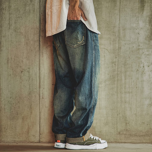 Vintage Wash Smile Embroidery Wide Denim Pants P1973