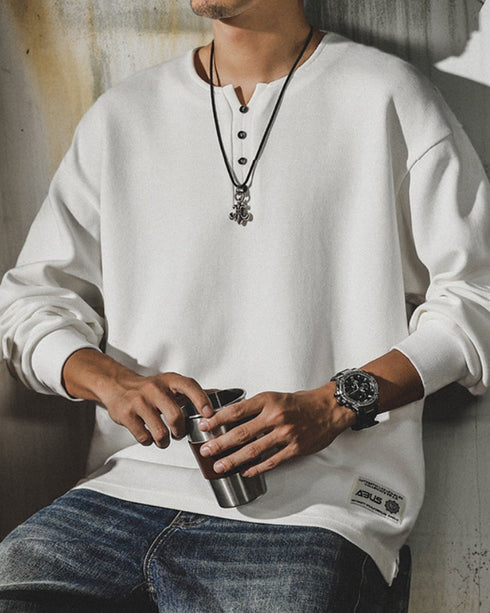 Work Taste Button Detail Long Sleeve Cutsew P1573