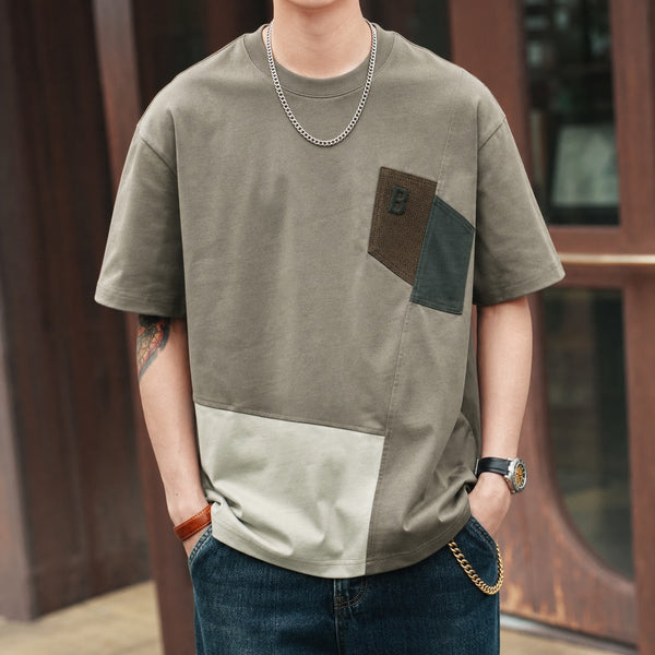 アシンメトリーブロックラインアクセント半袖Tシャツ P1398