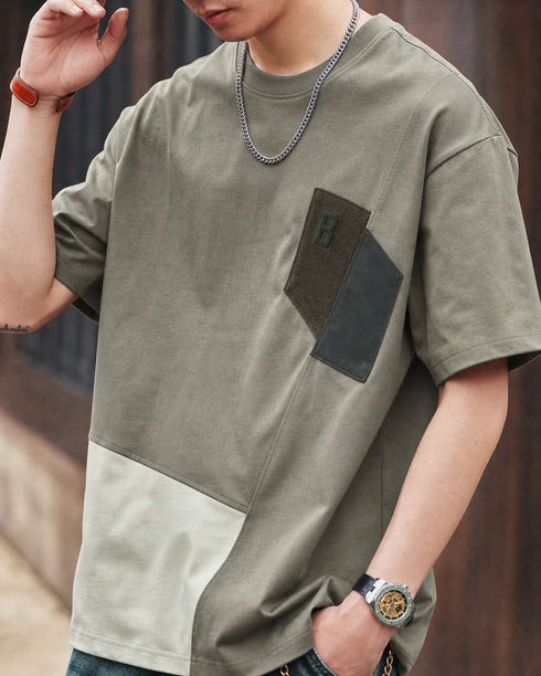アシンメトリーブロックラインアクセント半袖Tシャツ P1398