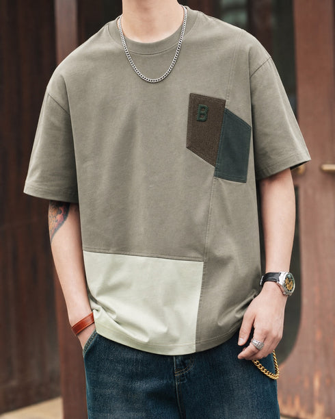 アシンメトリーブロックラインアクセント半袖Tシャツ P1398