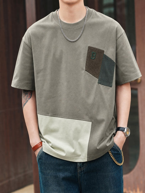 アシンメトリーブロックラインアクセント半袖Tシャツ P1398