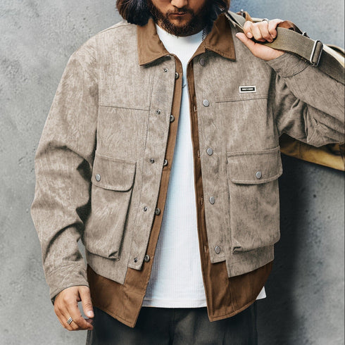 PEAK BLUE taupe corduroy bi-color work jacket with brown collar and hem, featuring multiple pockets and snap button closure.
