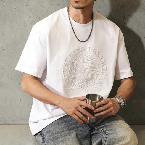PEAK BLUE white cotton t-shirt with embossed Native American chief graphic and text. Short sleeves, crew neck.