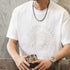 PEAK BLUE white cotton t-shirt with embossed Native American chief graphic and text.