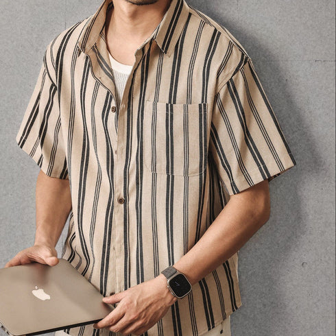 【OUTLET/即納】チェストポケットストライプ半袖シャツ P2169