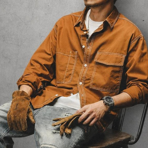 コントラストステッチワーク長袖シャツ P0107