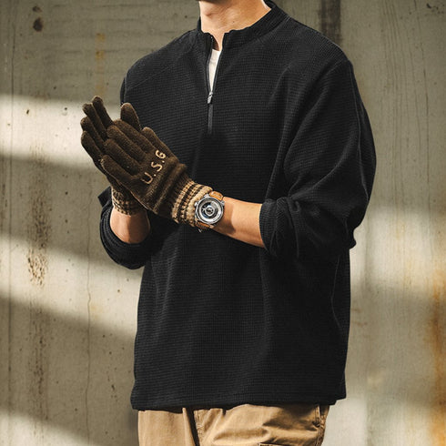 Classic Silhouette Waffle Zip Long Sleeve Top P1363