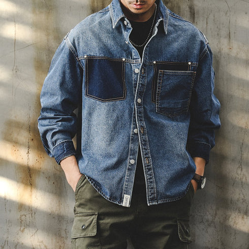 Two Tone Denim Contrast Design Long Sleeve Shirt P1670