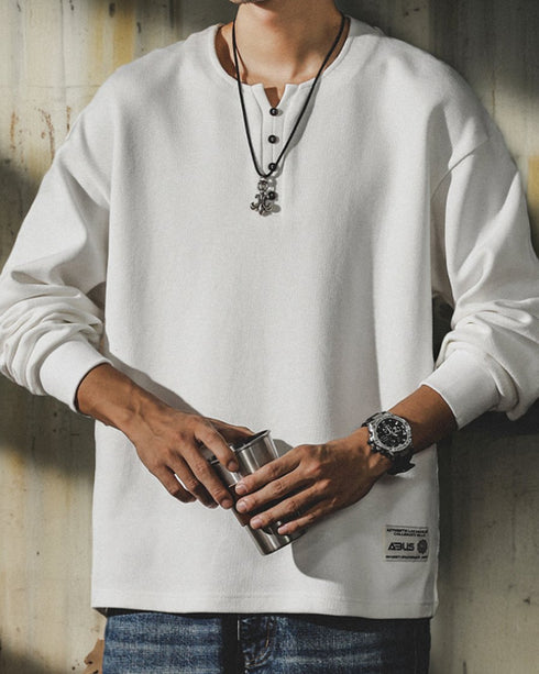 Work Taste Button Detail Long Sleeve Cutsew P1573