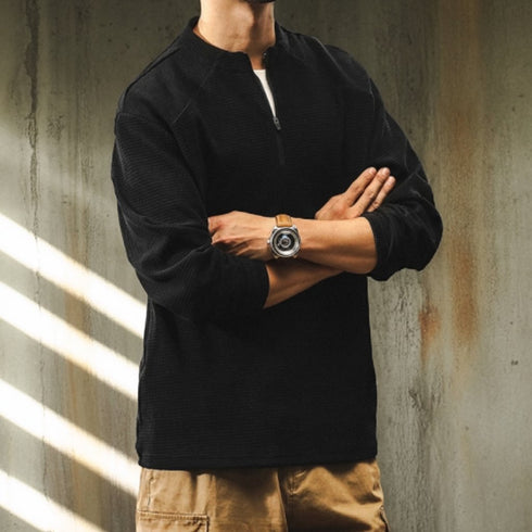 Classic Silhouette Waffle Zip Long Sleeve Top P1363