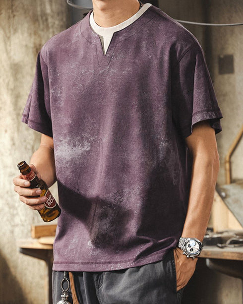 Washed Color Split Neck Short Sleeve T-Shirt P1421