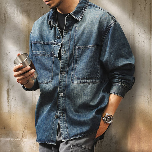 Line Panel Accent Denim Long Shirt P1671