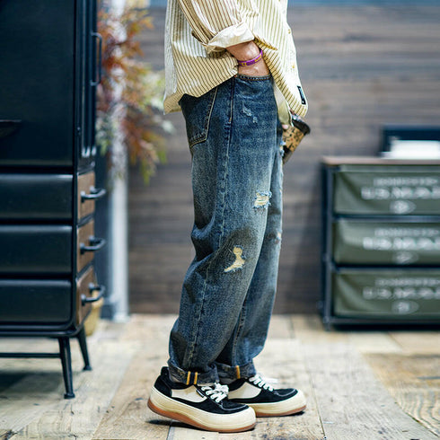 Broken Hole Loose Straight Jeans P0455