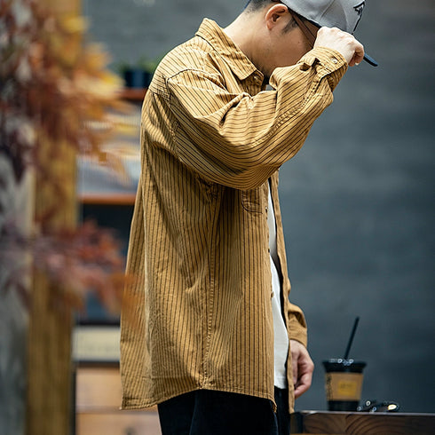 Cotton Long-sleeved Loose Striped Shirt P0498