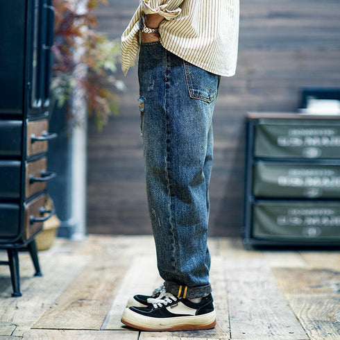 Broken Hole Loose Straight Jeans P0455