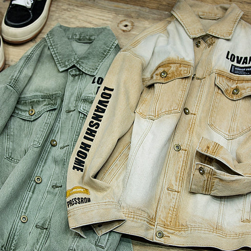 Yellow Mud Dyed Denim Loose Embroidery Jacket P0484