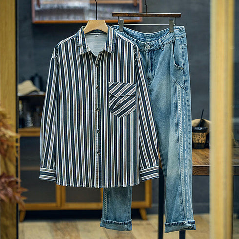 Long-sleeved Striped Loose Shirt P0376